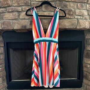 Colorful Striped Double White V-Neck Dress